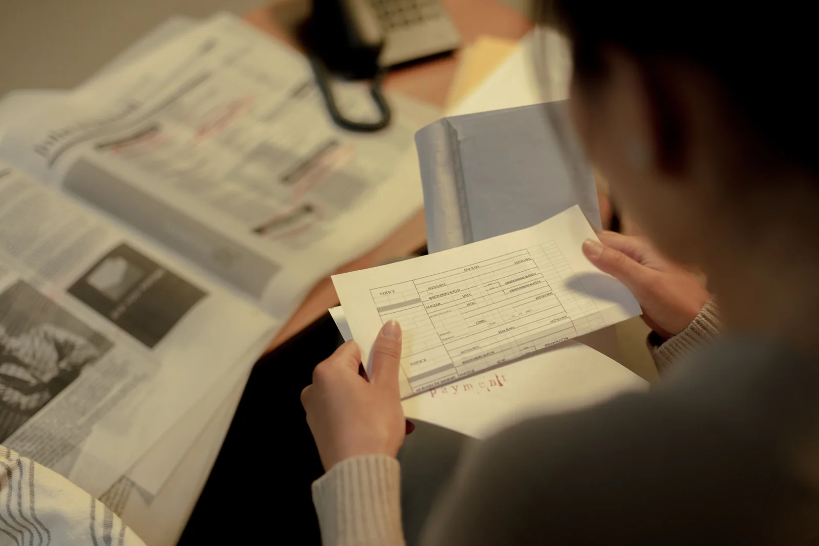 Pessoa revisando documentos financeiros antes de preencher um cadastro